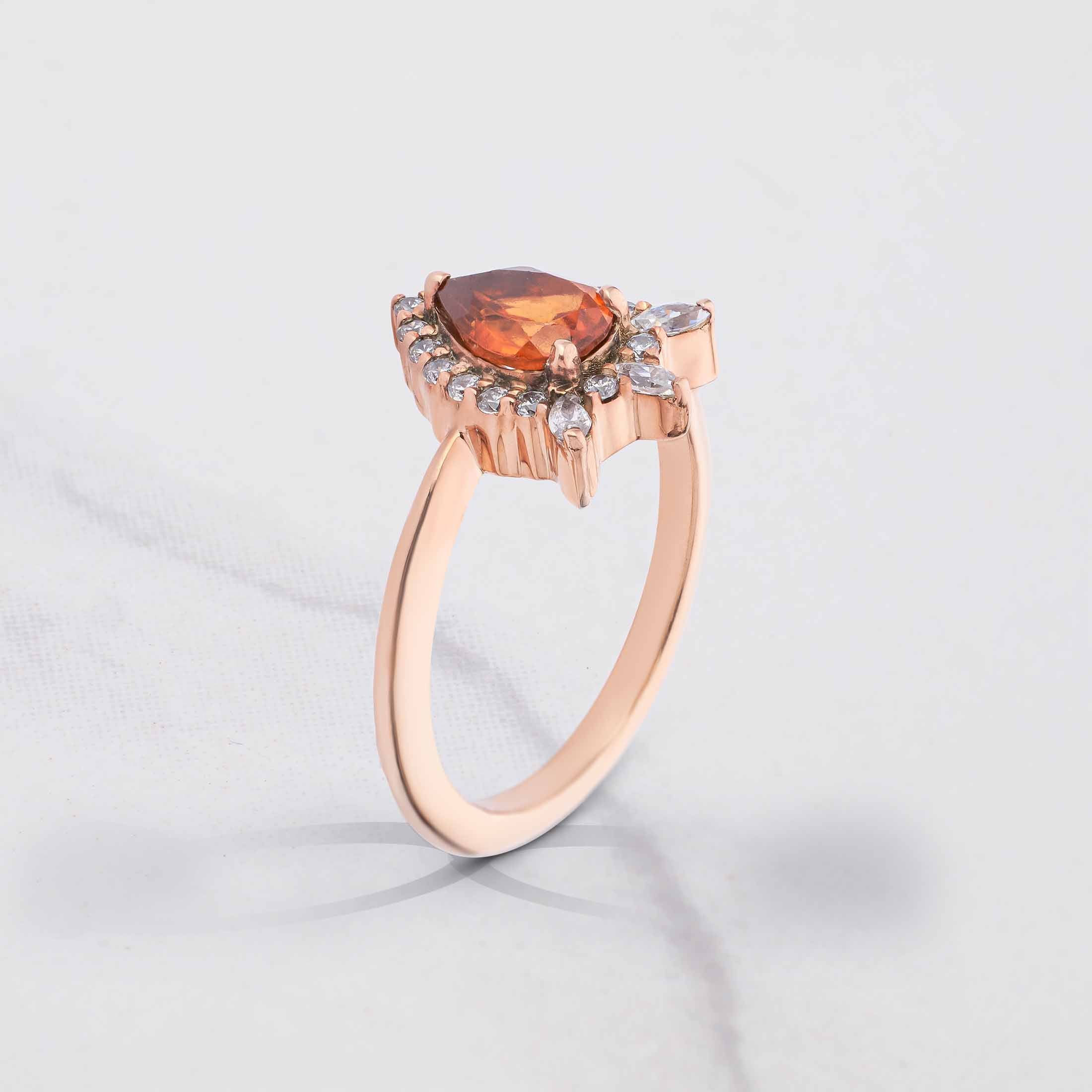 Pear Cut Natural Hessonite Garnet Gomed Ring Teardrop Gemstone Engagement Rings Rose Gold
