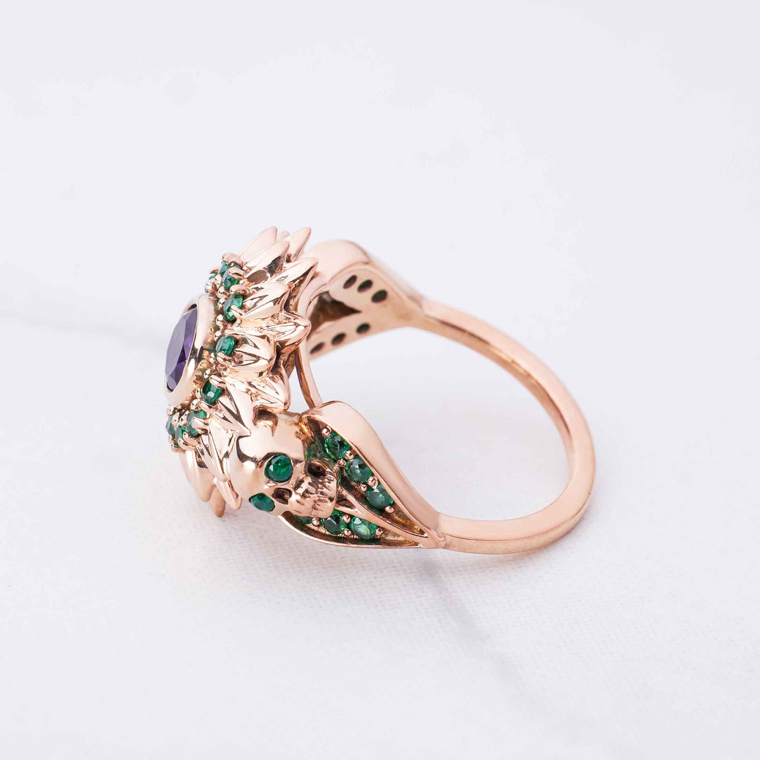 Skull and Flower Engagement Ring Rose Gold Gothic Wedding Rings Natural Purple Amethyst Green Emerald Gemstone