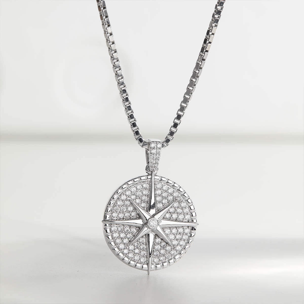 Iced Out Compass Pendant Necklace Nautical Hip Hop Jewelry Sterling Silver Cubic Zirconia Diamond