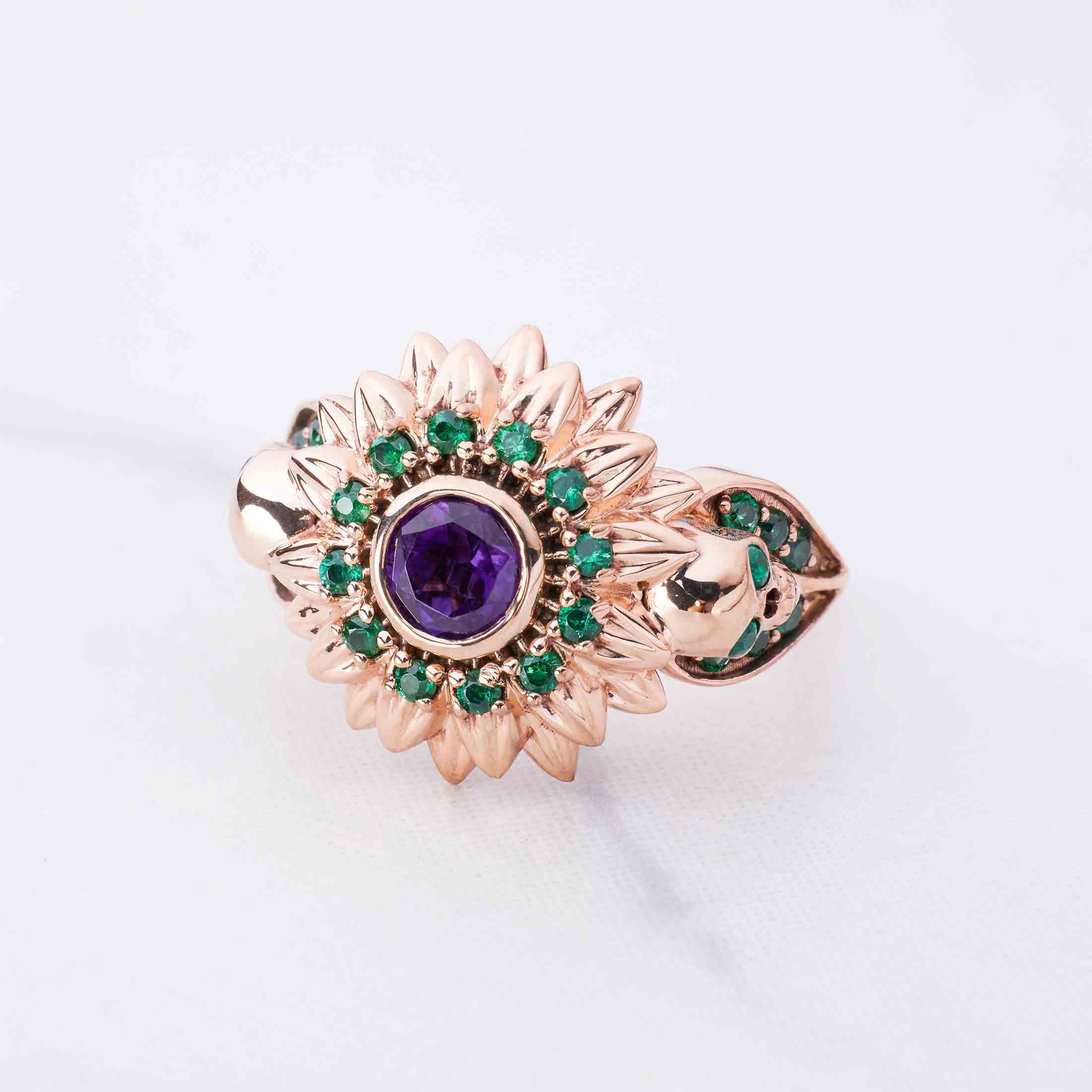 Skull and Flower Engagement Ring Rose Gold Gothic Wedding Rings Natural Purple Amethyst Green Emerald Gemstone