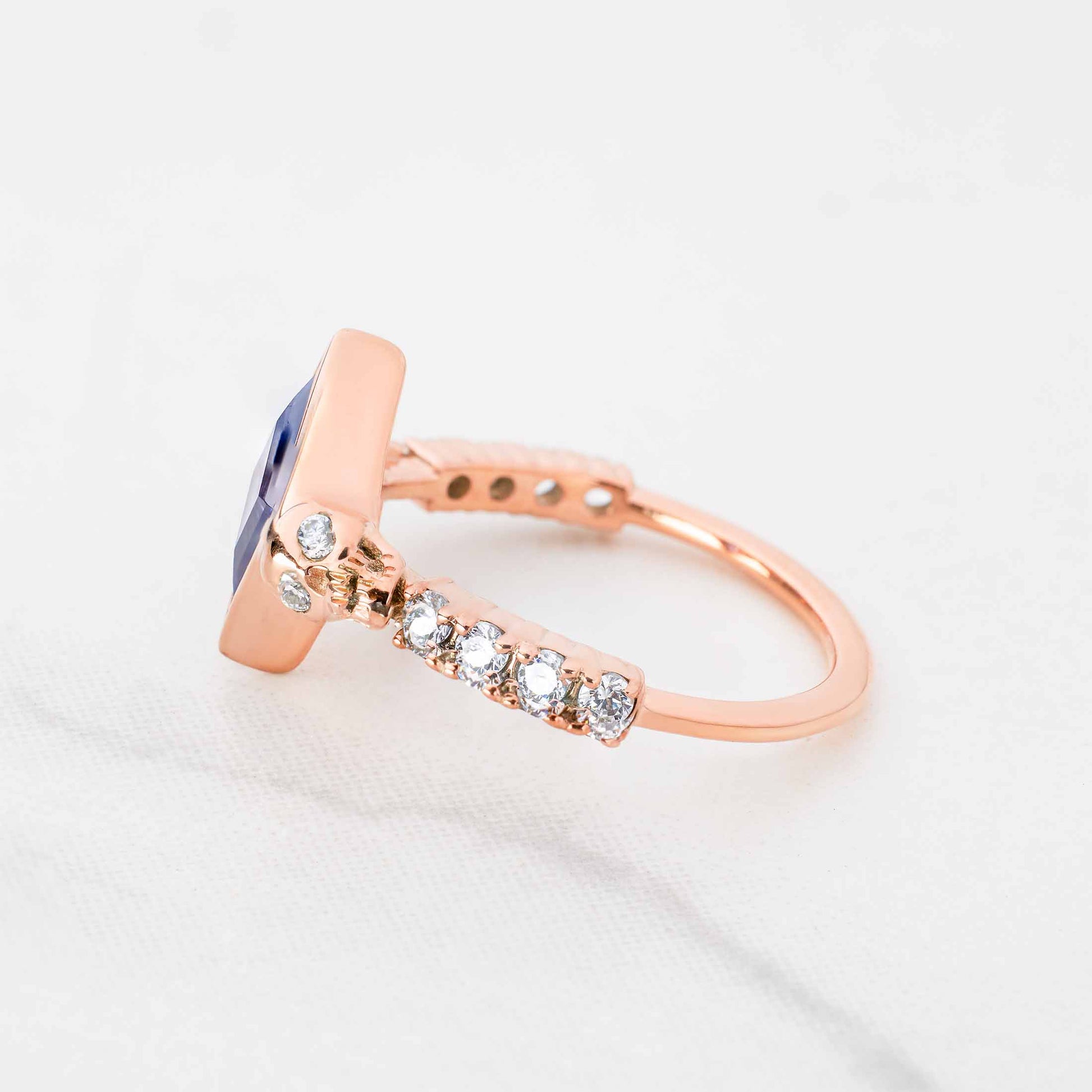 Skull Ring Kite Cut Titanic Blue Gemstone Gothic Engagement Rings Rose Gold