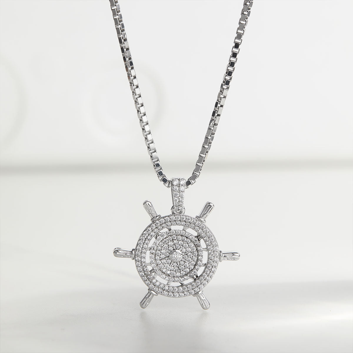 Iced Out Steering Wheel Pendant Necklace Hip Hop Style Nautical Jewelry Sterling Silver Diamond