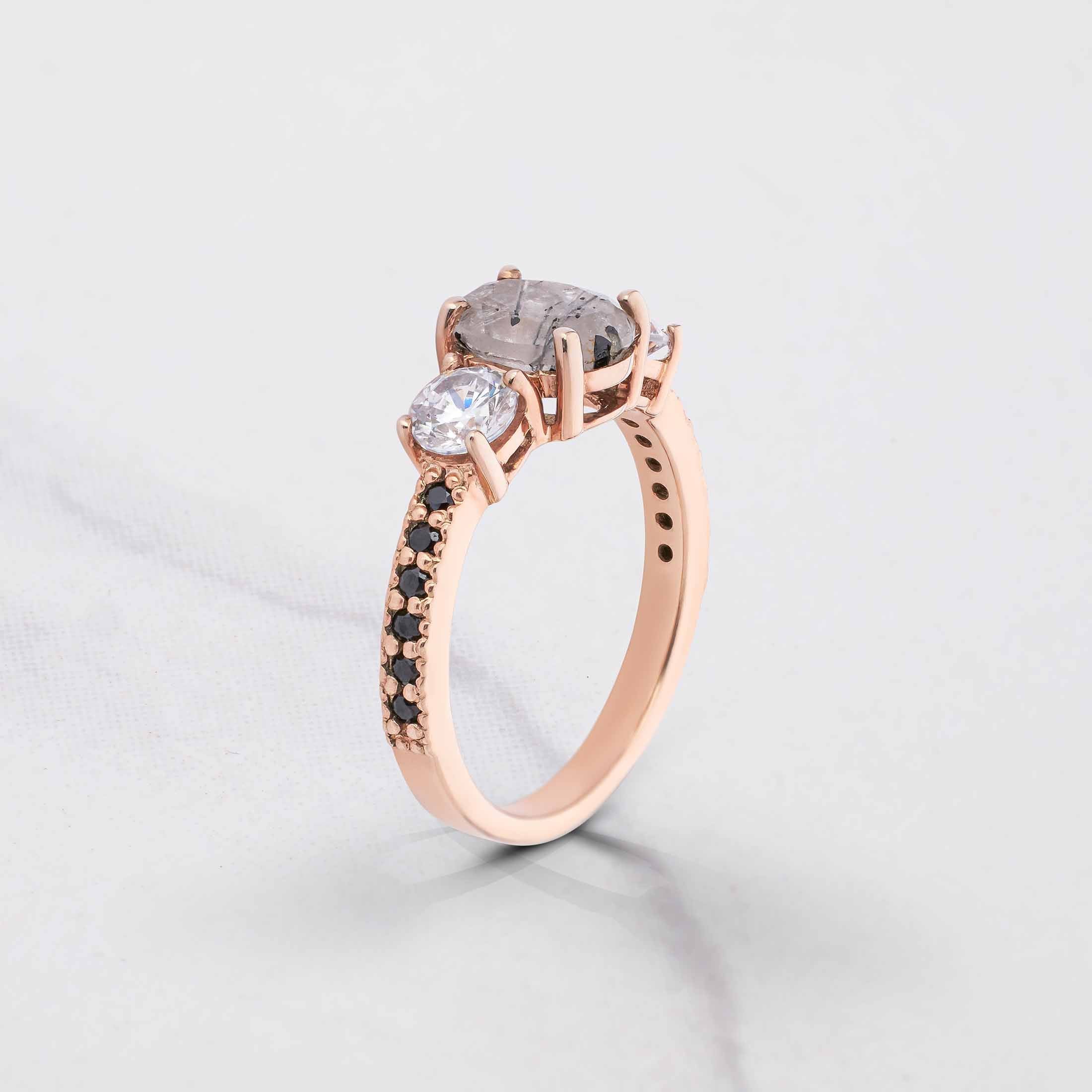 Rutilated Quartz Engagement Ring Set 3 Stone Bridal Rings