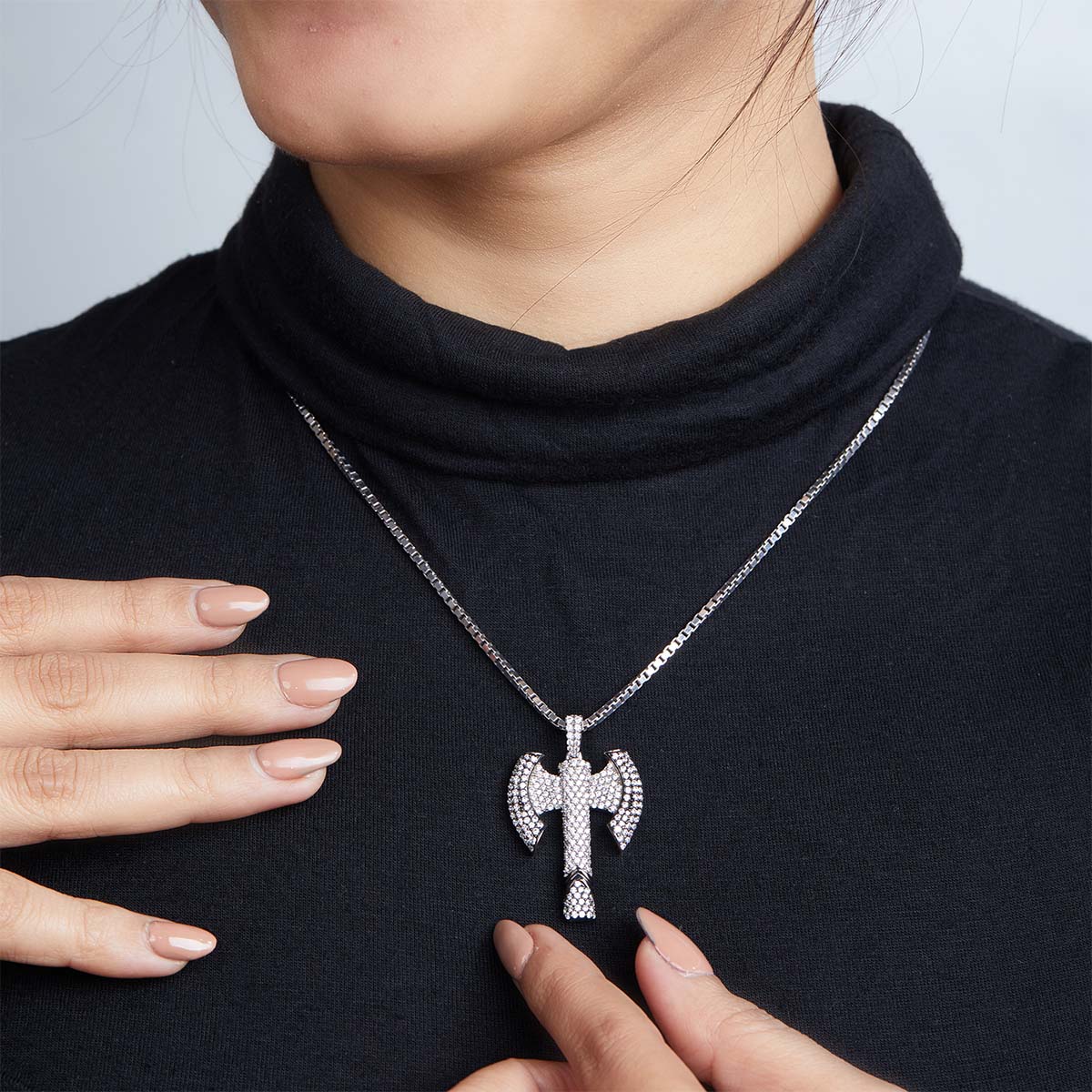 Iced Out Norse Viking Axe Pendant Necklace Hip Hop Jewelry 925 Sterling Silver Silver