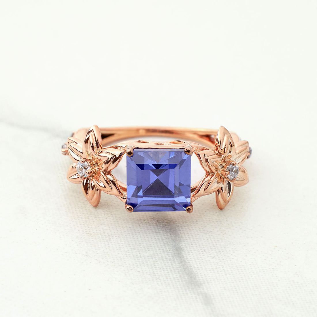 Princess Cut Blue Titanic Gemstone Ring Flower Engagement Rings Art Nouveau Silver Gold