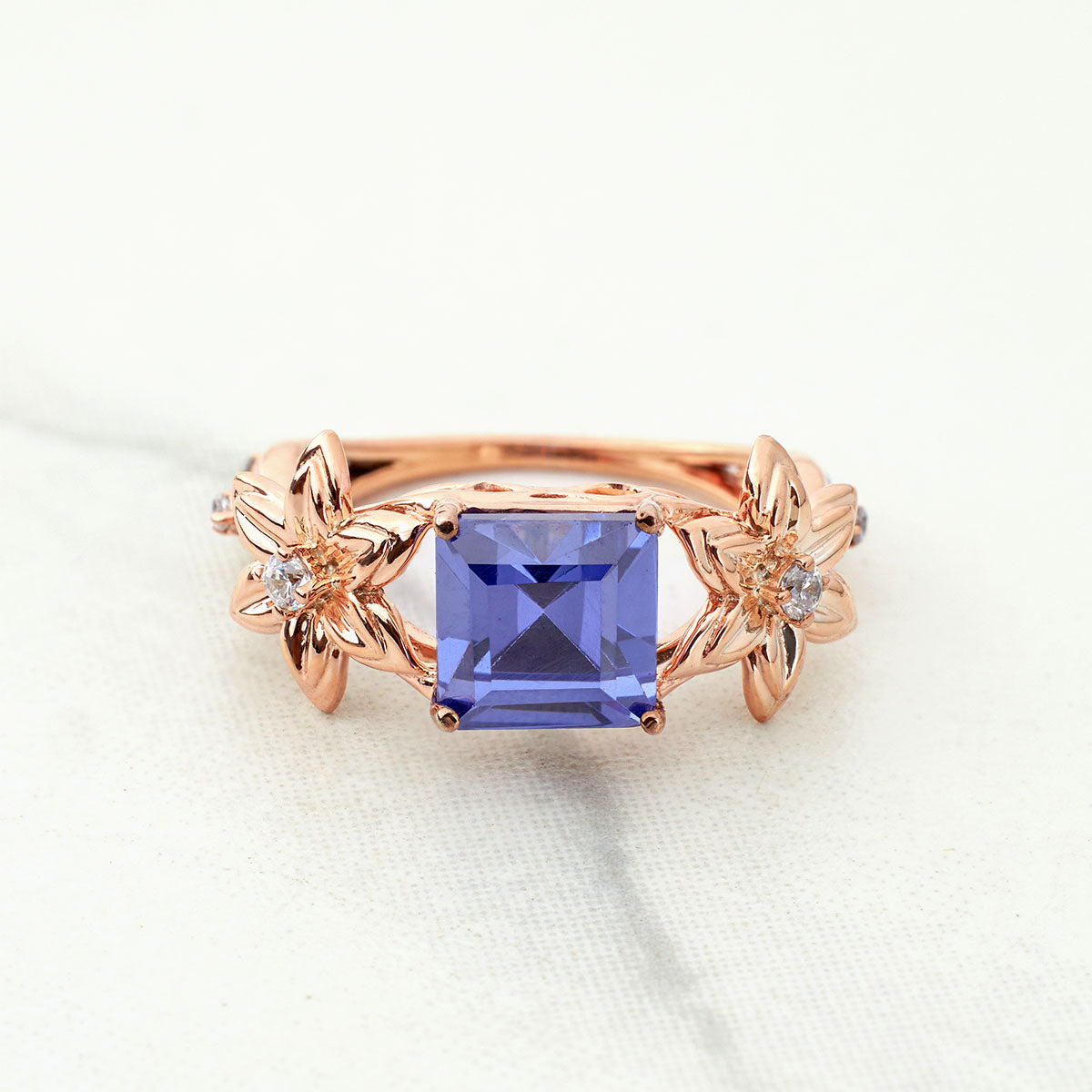 Princess Cut Blue Titanic Gemstone Ring Flower Engagement Rings Art Nouveau Silver Gold