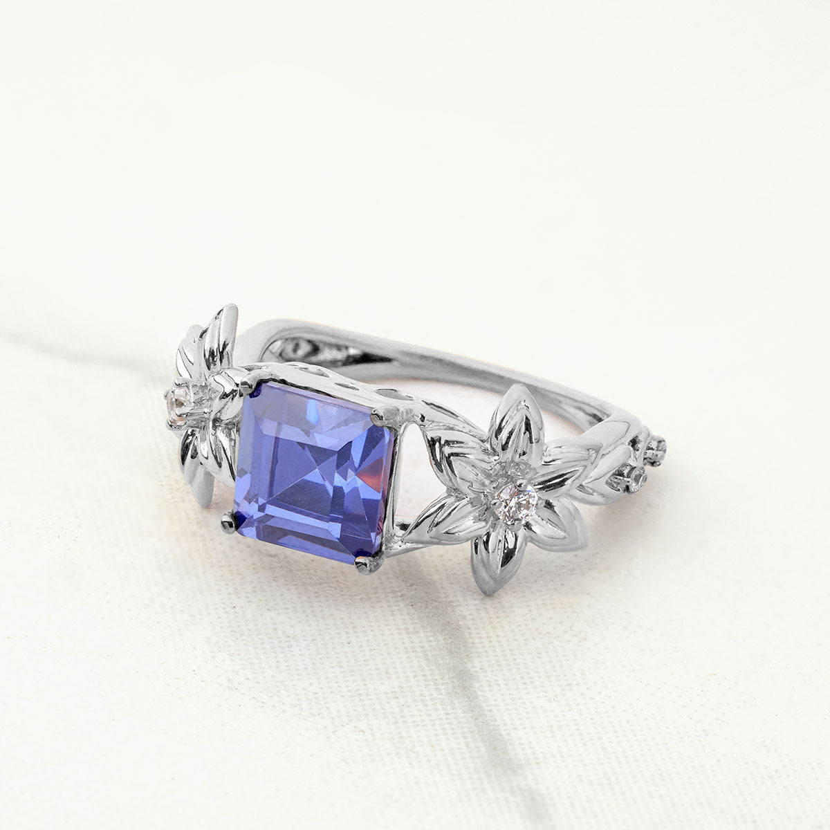 Princess Cut Blue Titanic Gemstone Ring Flower Engagement Rings Art Nouveau Silver Gold