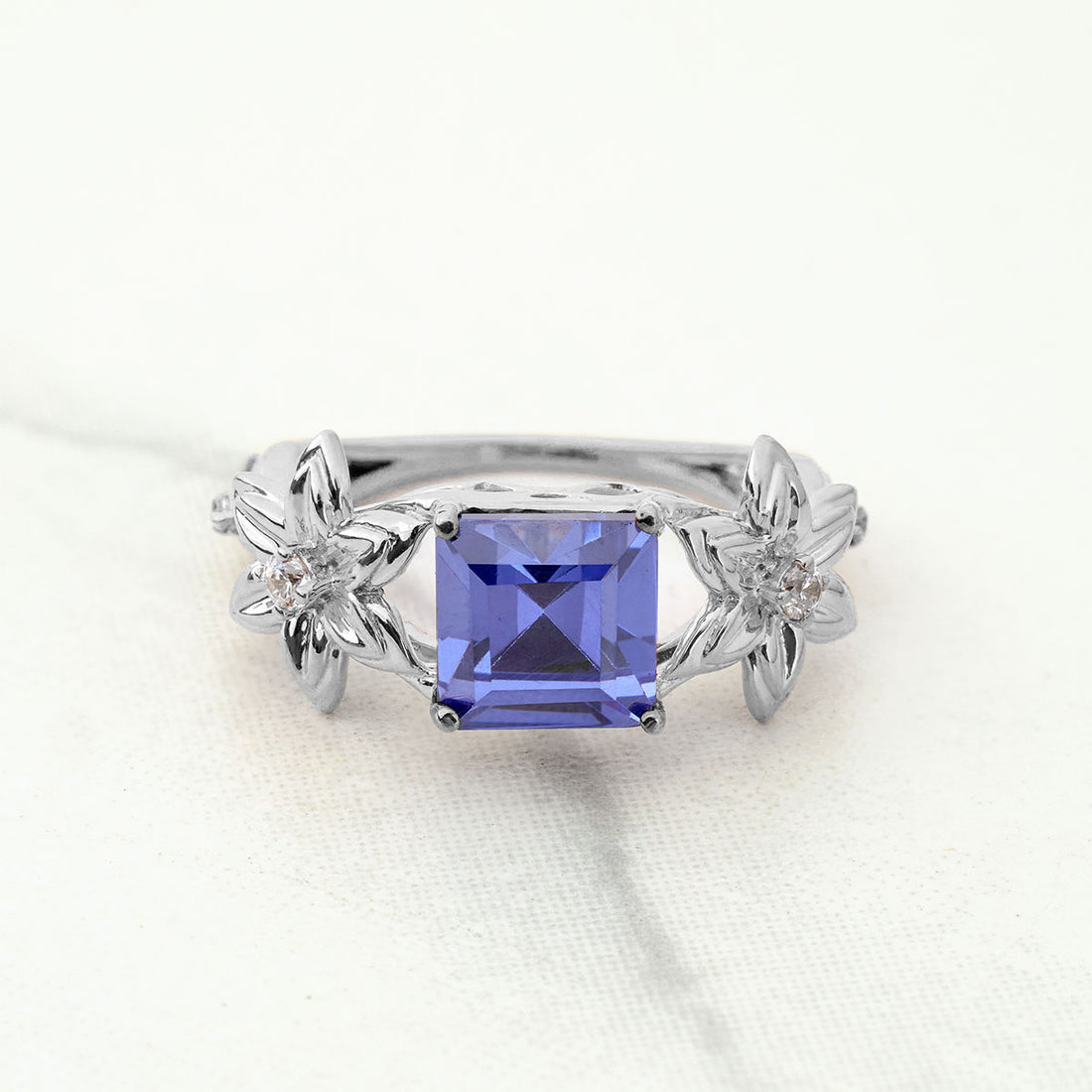 Princess Cut Blue Titanic Gemstone Ring Flower Engagement Rings Art Nouveau Silver Gold