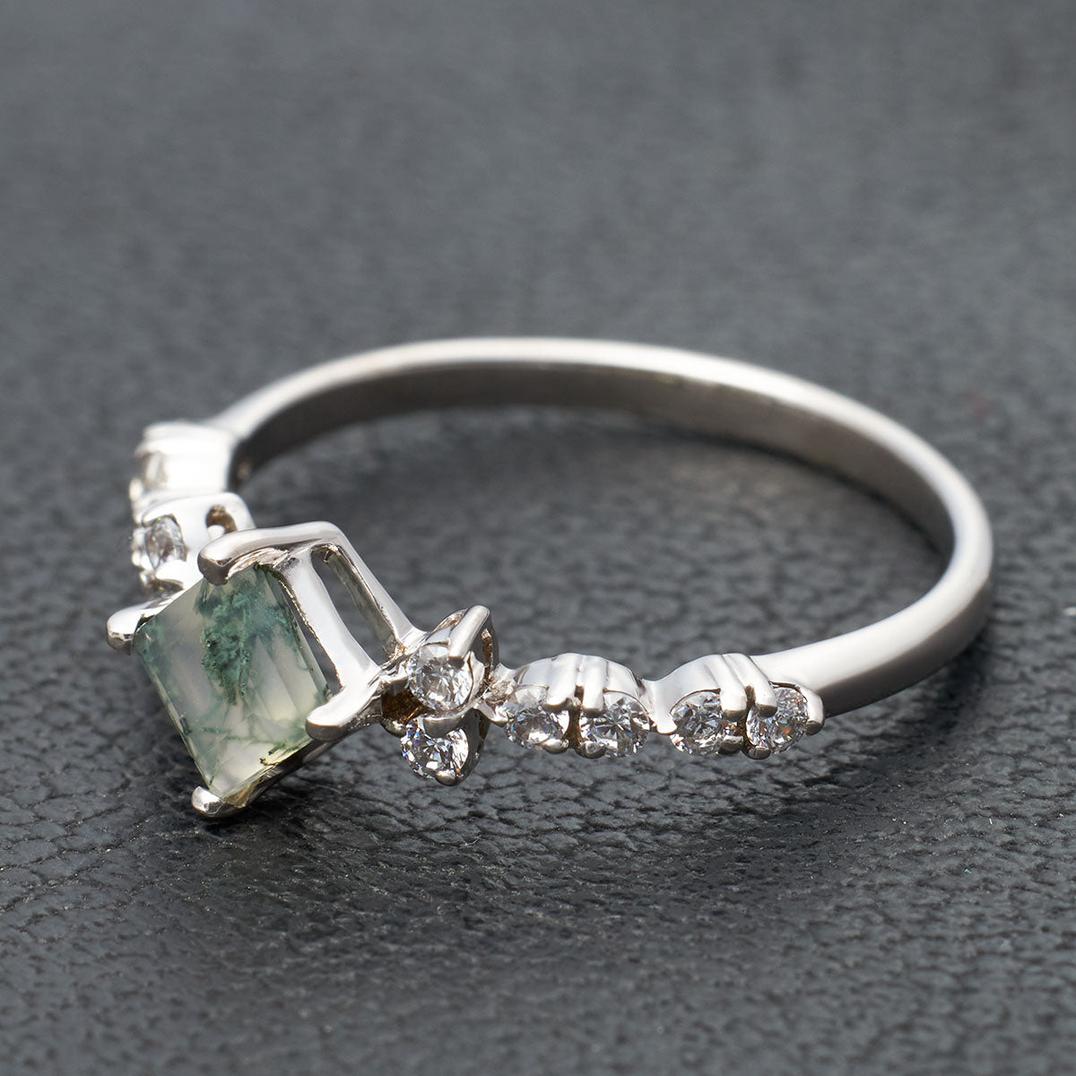 Princess Cut Moss Agate Promise Ring