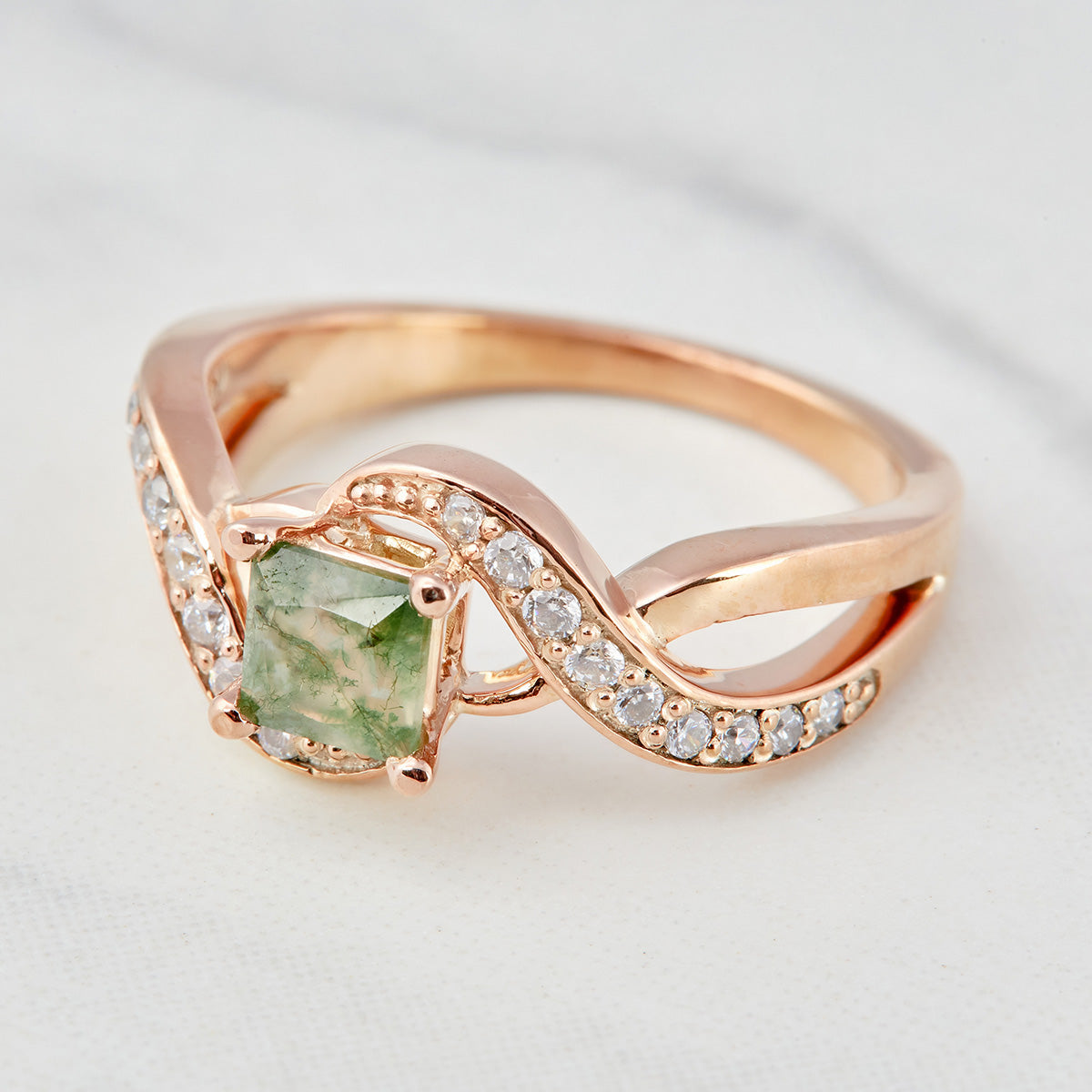 Natural Moss Agate Promise Ring Princess Cut Engagement Ring