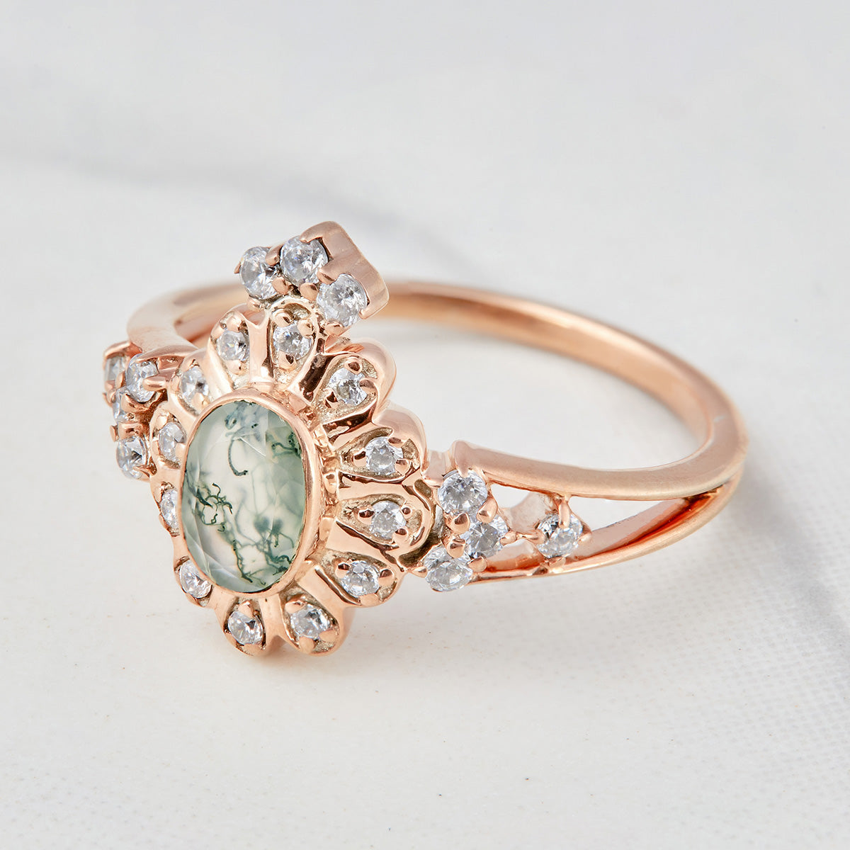 Moissanite And Moss Agate Engagement Ring