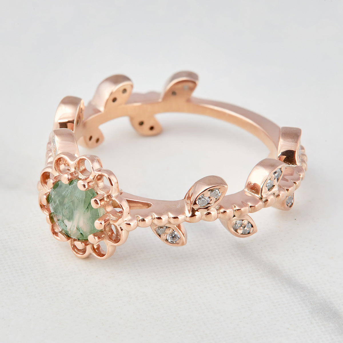 Moss Agate Flower Engagement Ring Set