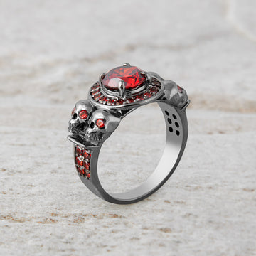 1.10TCW Garnet Skull Engagement Ring Gothic Jewelry Gun Metal