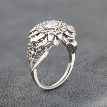 Diamond Flower Skull Ring Womens