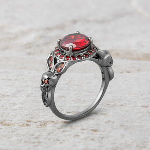 Halo Garnet Skull Engagement Ring Gothic Wedding Ring Silver