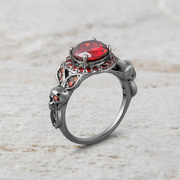 Halo Garnet Skull Engagement Ring Gothic Wedding Ring Silver
