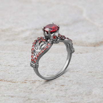 Leaf Skull Engagement Ring Red Garnet Gothic Skull Ring Silver