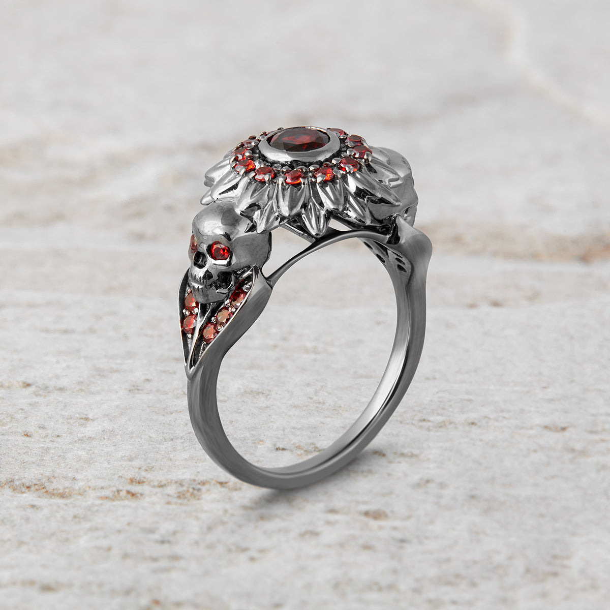 Skull Flower Engagement Ring Gothic Skull Ring Silver Gun Metal