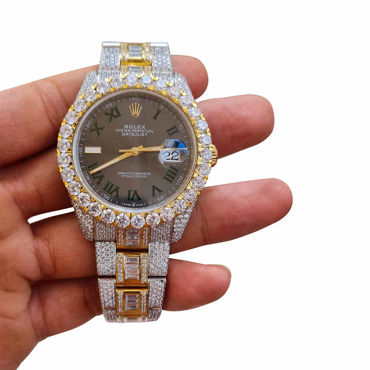 Moissanite Diamond Iced Out Rolex Watch Grey Dial Automatic Swiss ETA Analog Two Tone