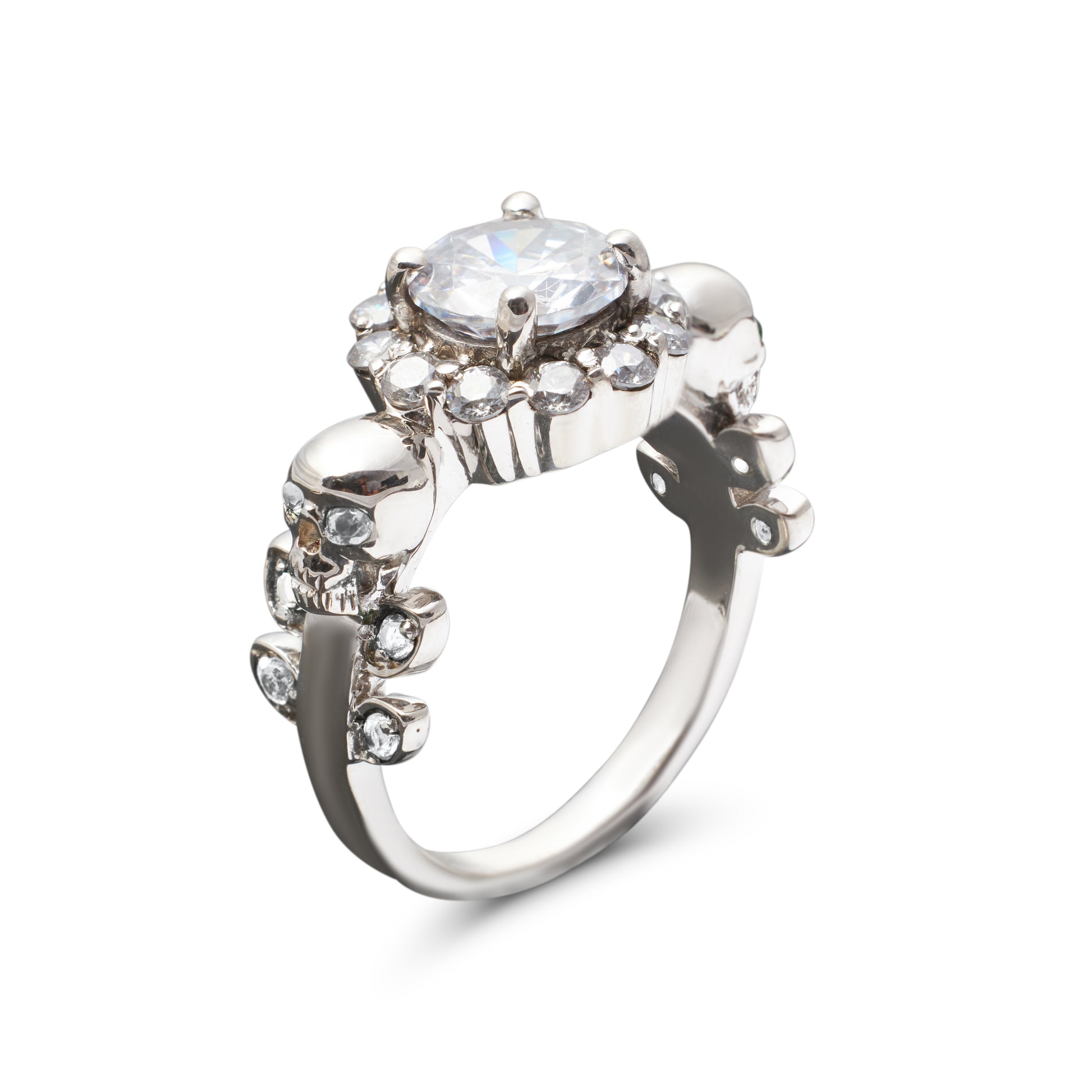 Diamond skull ring with floral leaf design in sterling silver or white gold