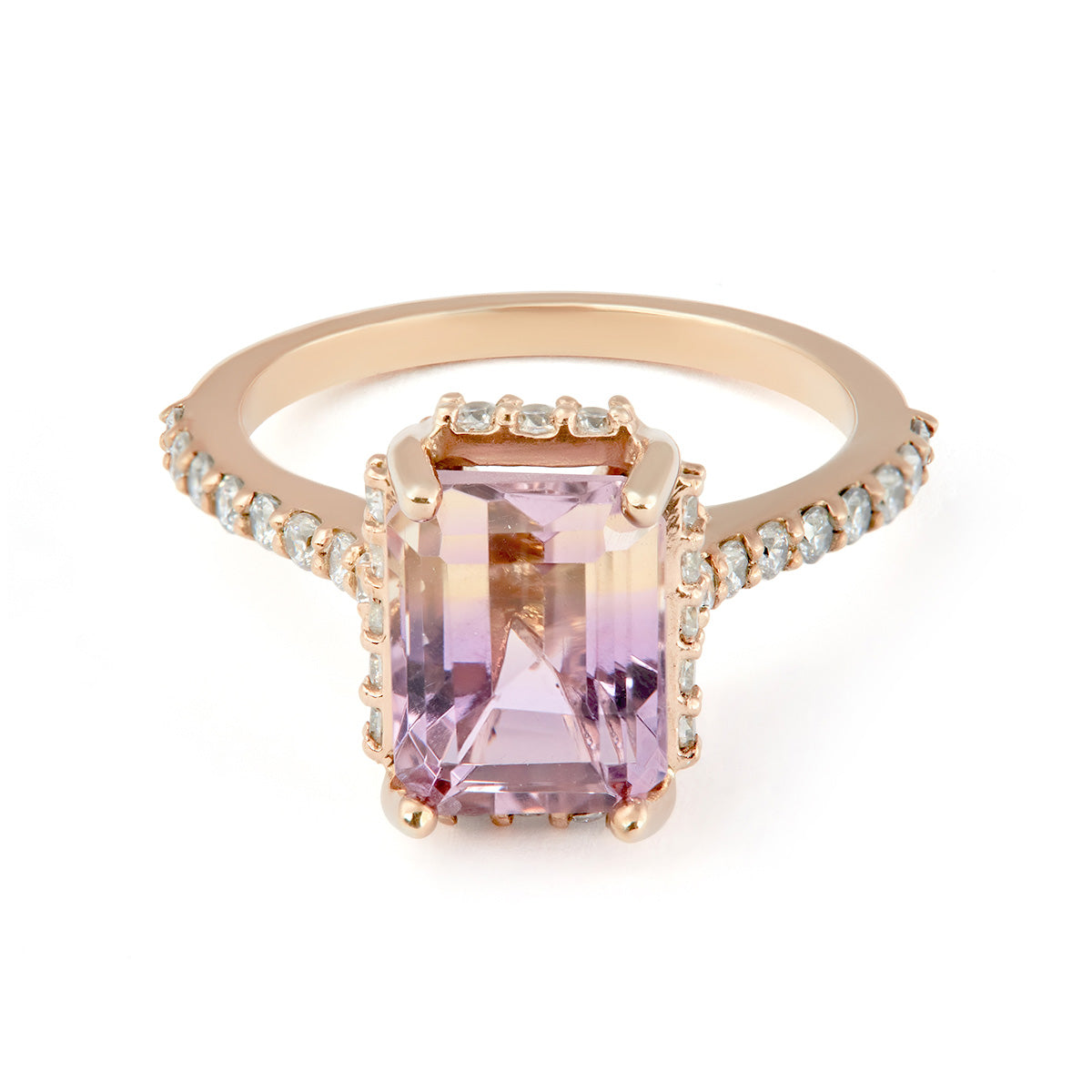 Emerald-cut ametrine ring in rose gold, featuring a diamond-encrusted hidden halo and pavé band.