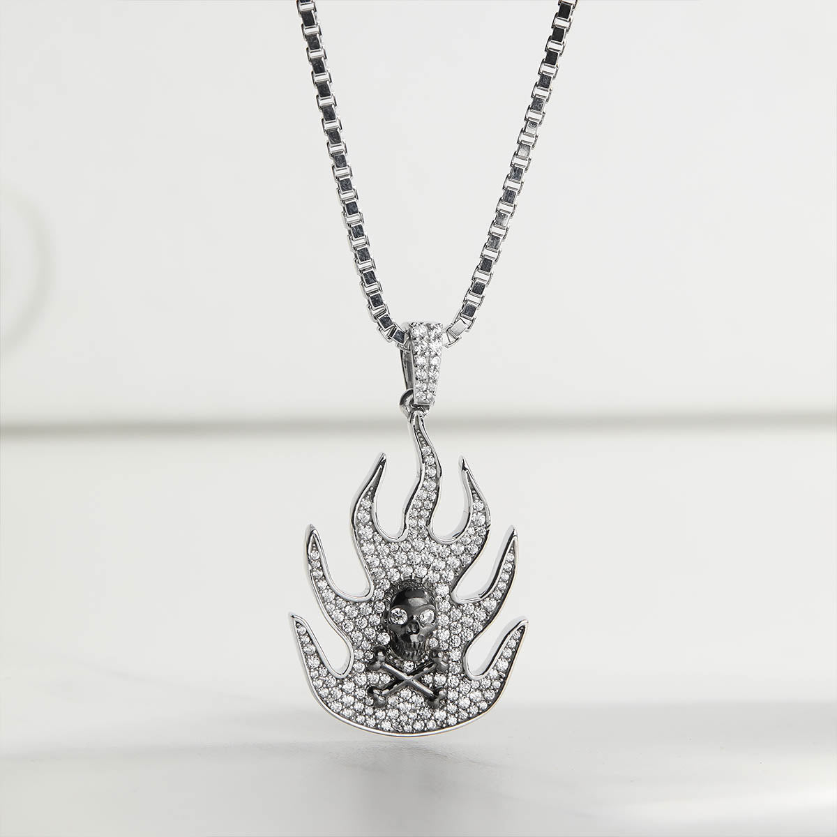 Two Tone Flaming Skull Necklace Diamond Iced Out Gothic Pendant Sterling Silver