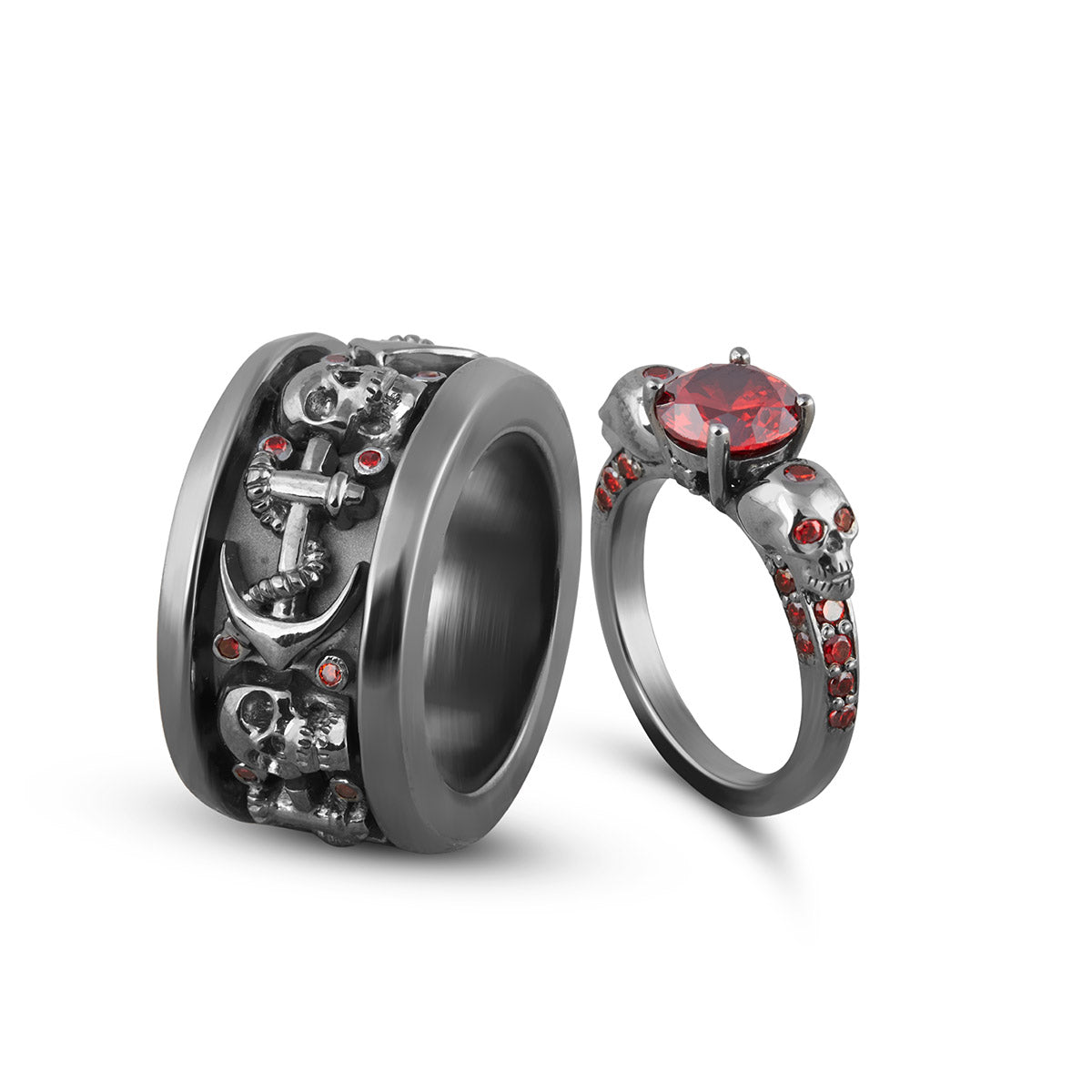 Gothic Wedding Ring Set Red Garnet Matching Couple Skull Rings