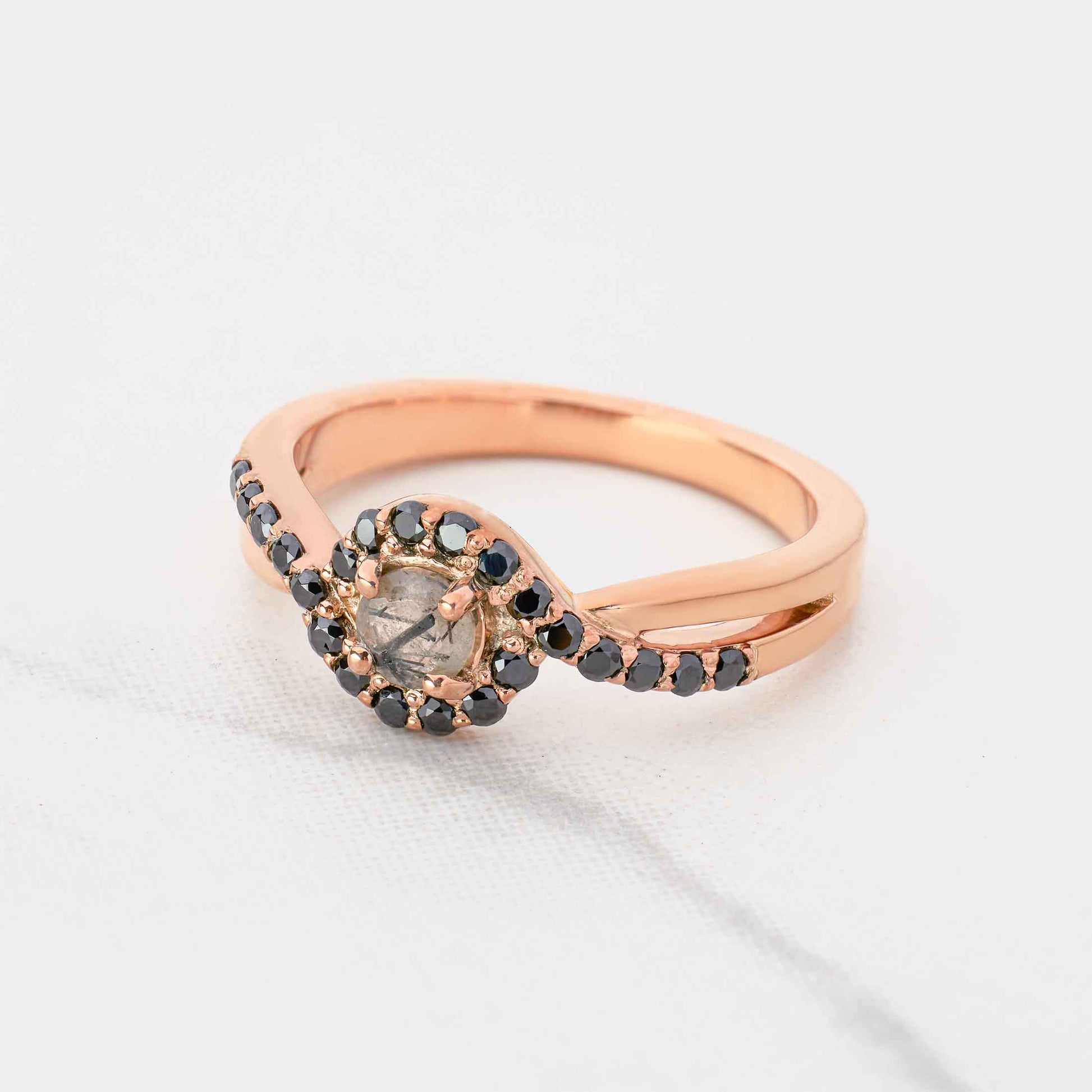 Natural Rutile Quartz Rutilated Quartz Black Gemstone Crossover Engagement Ring Rose Gold