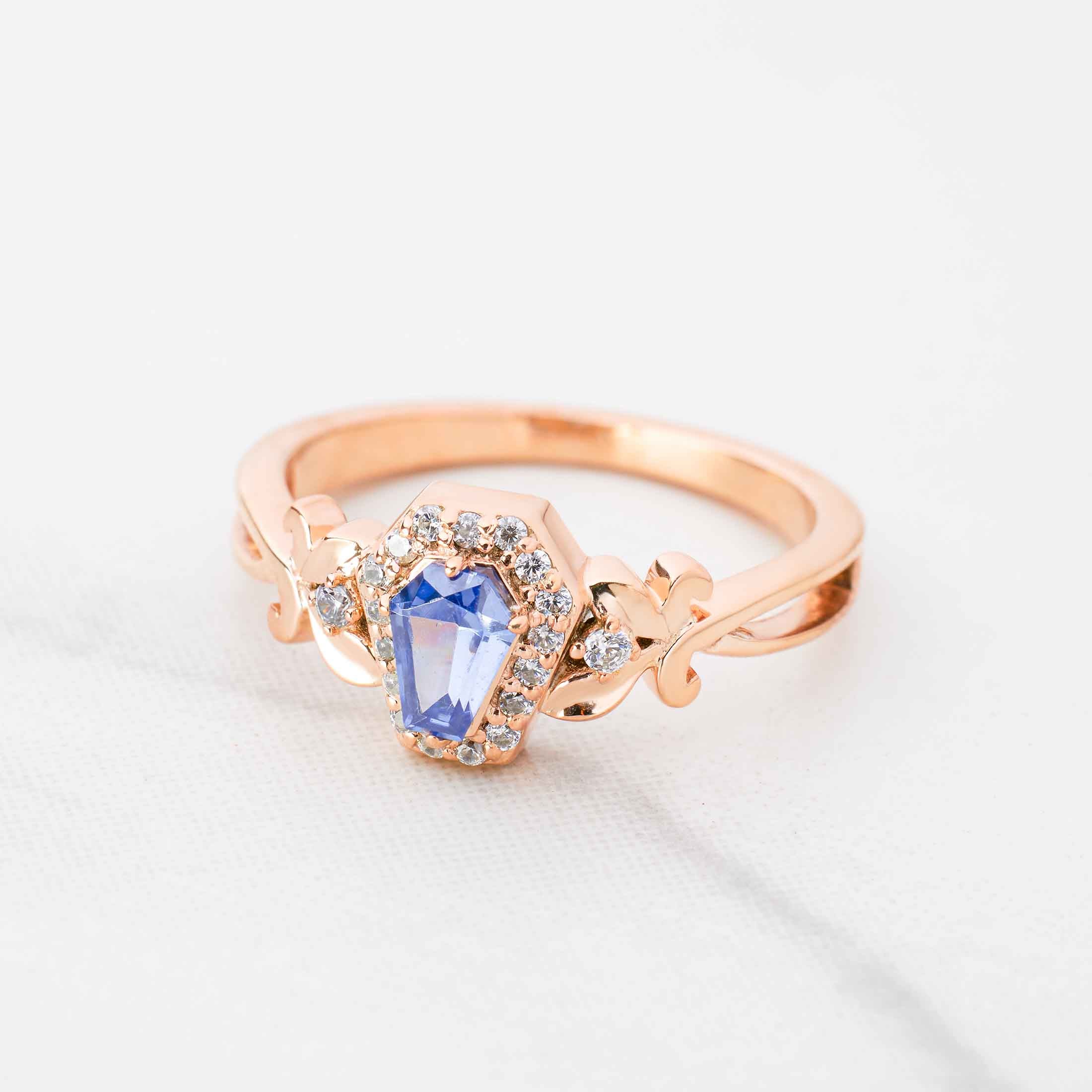 Art Nouveau Coffin Ring Blue Titanic Gemstone Engagement Rings Rose Gold