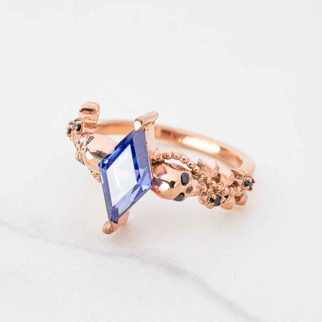 Floral Art Deco Skull Ring Blue Titanic Gemstone Kite Cut Ring