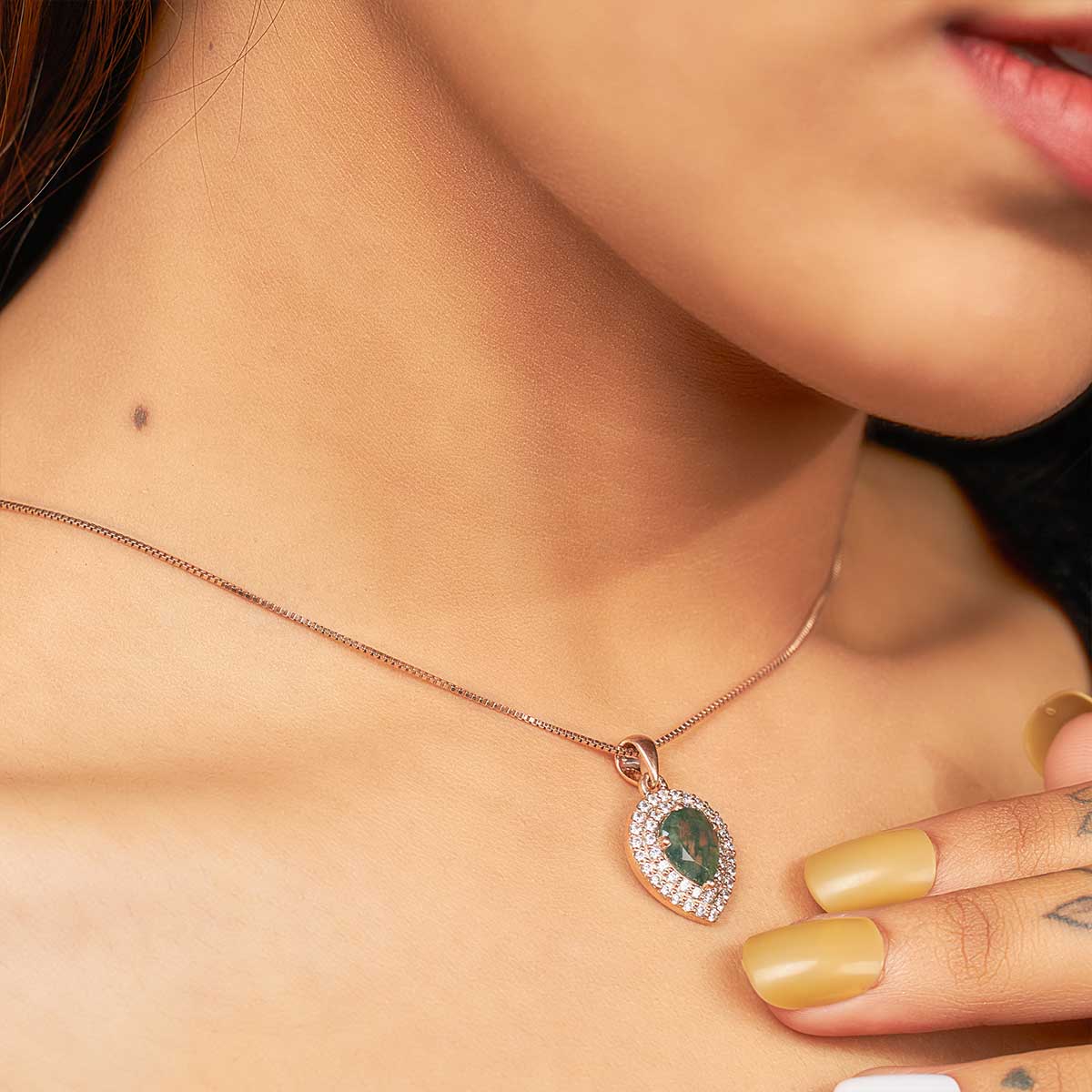 Double Halo Pendant Necklace for Women Pear Cut Natural Moss Agate Sterling Silver