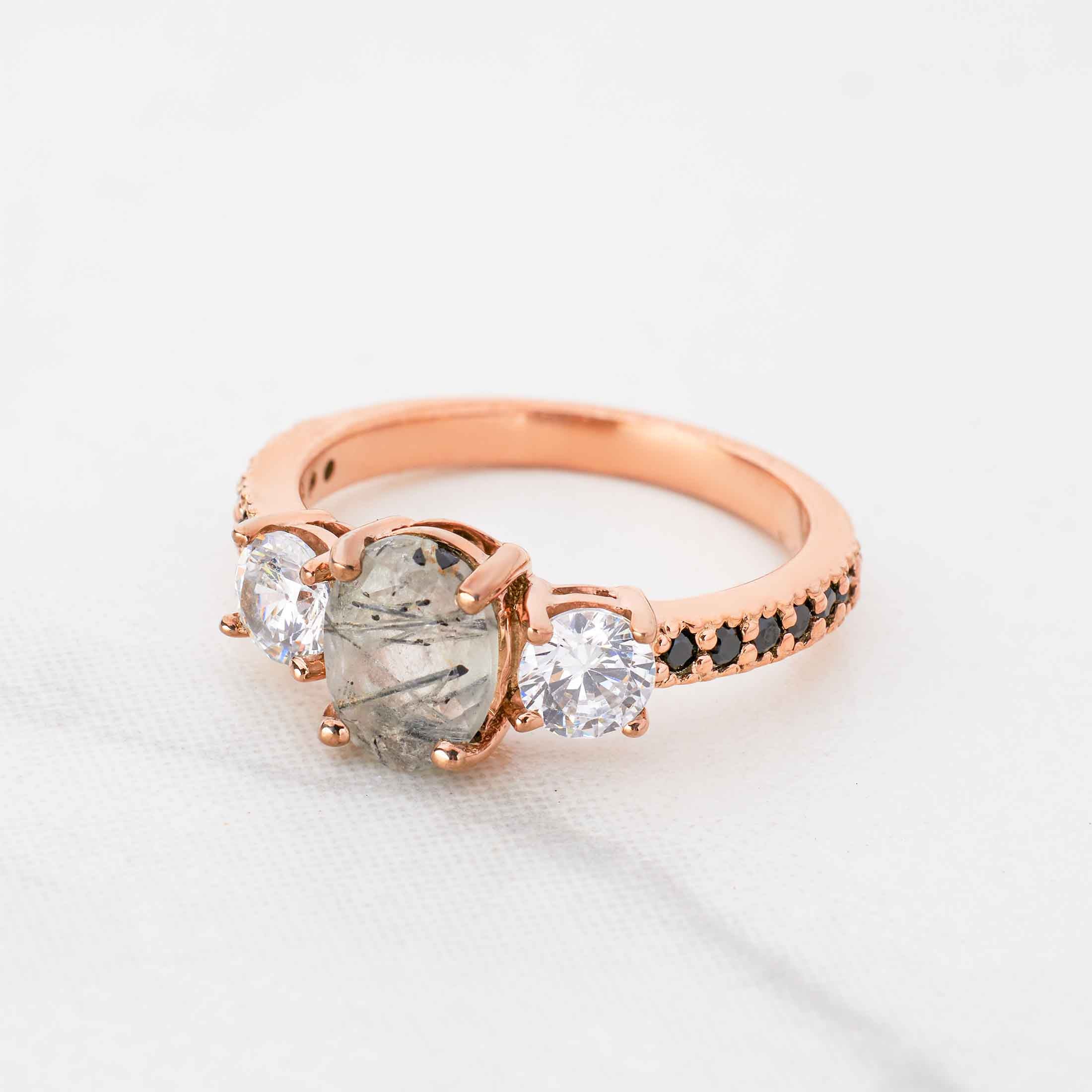Oval Rutilated Quartz Ring 3 Stone Engagement Ring Rose Gold