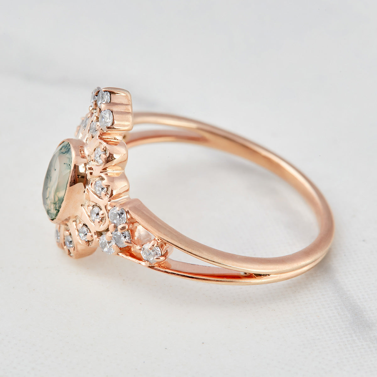 Moissanite And Moss Agate Engagement Ring