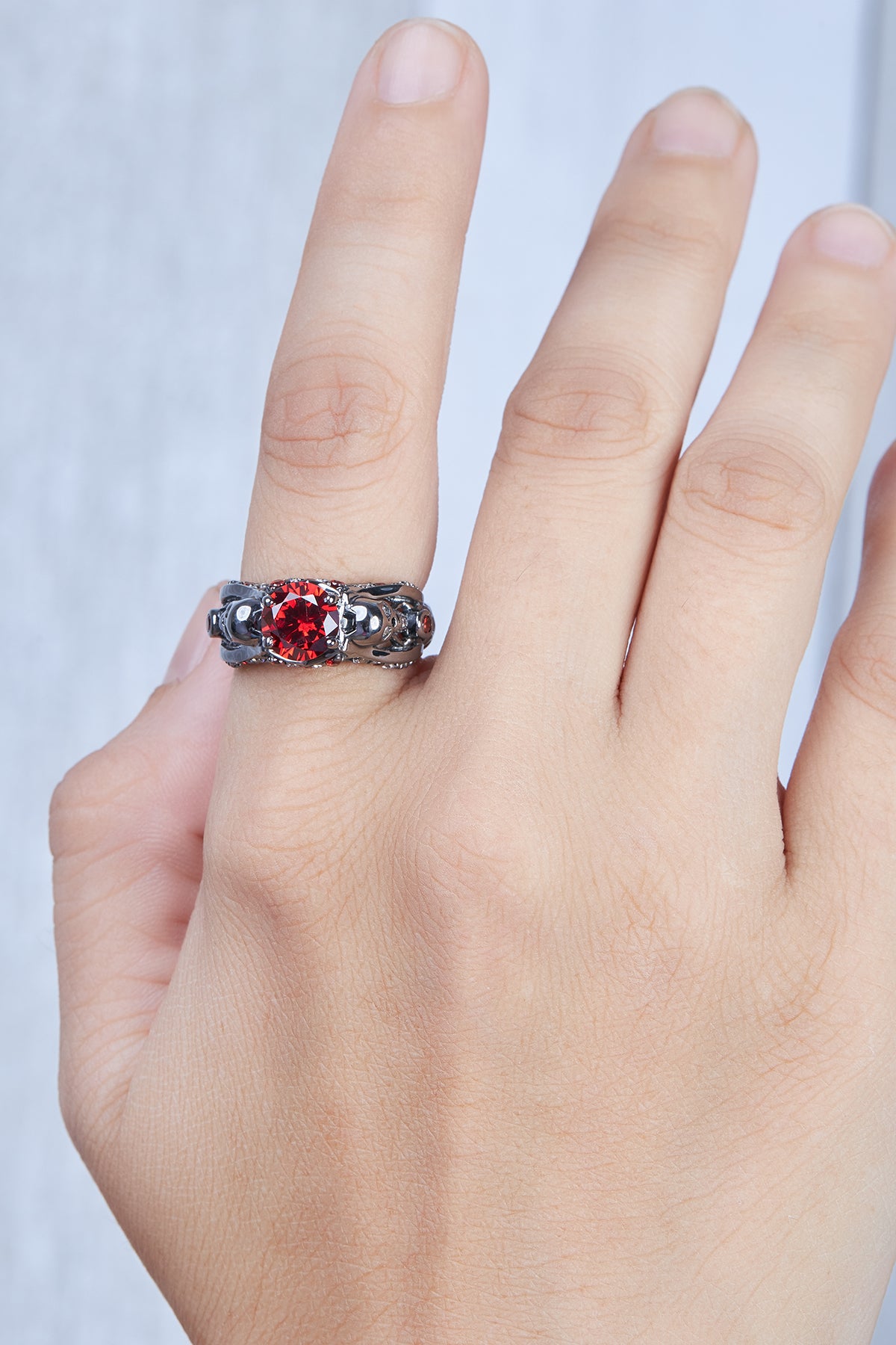 Garnet Vampire Skull Engagement Ring Mesh Skull Gothic Ring