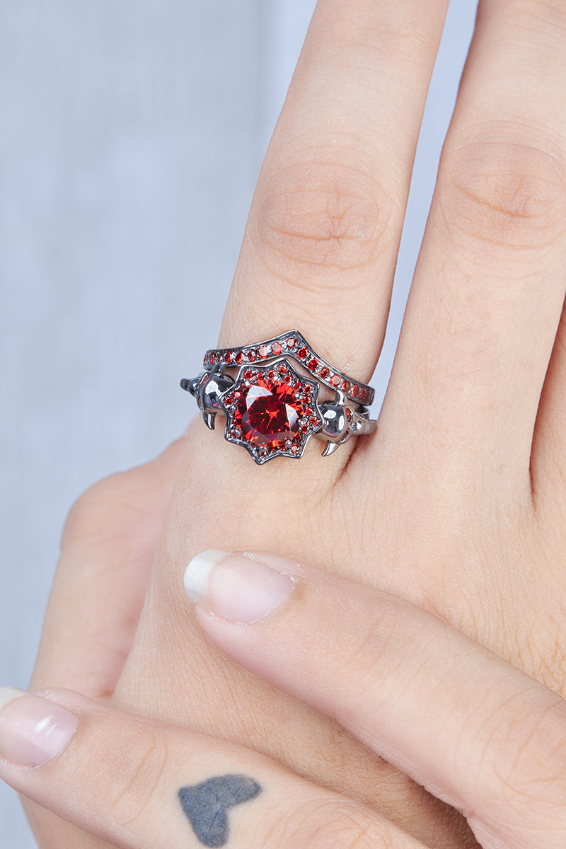Vampire Skull Ring Set Red Garnet Gothic Skull Engagement Ring