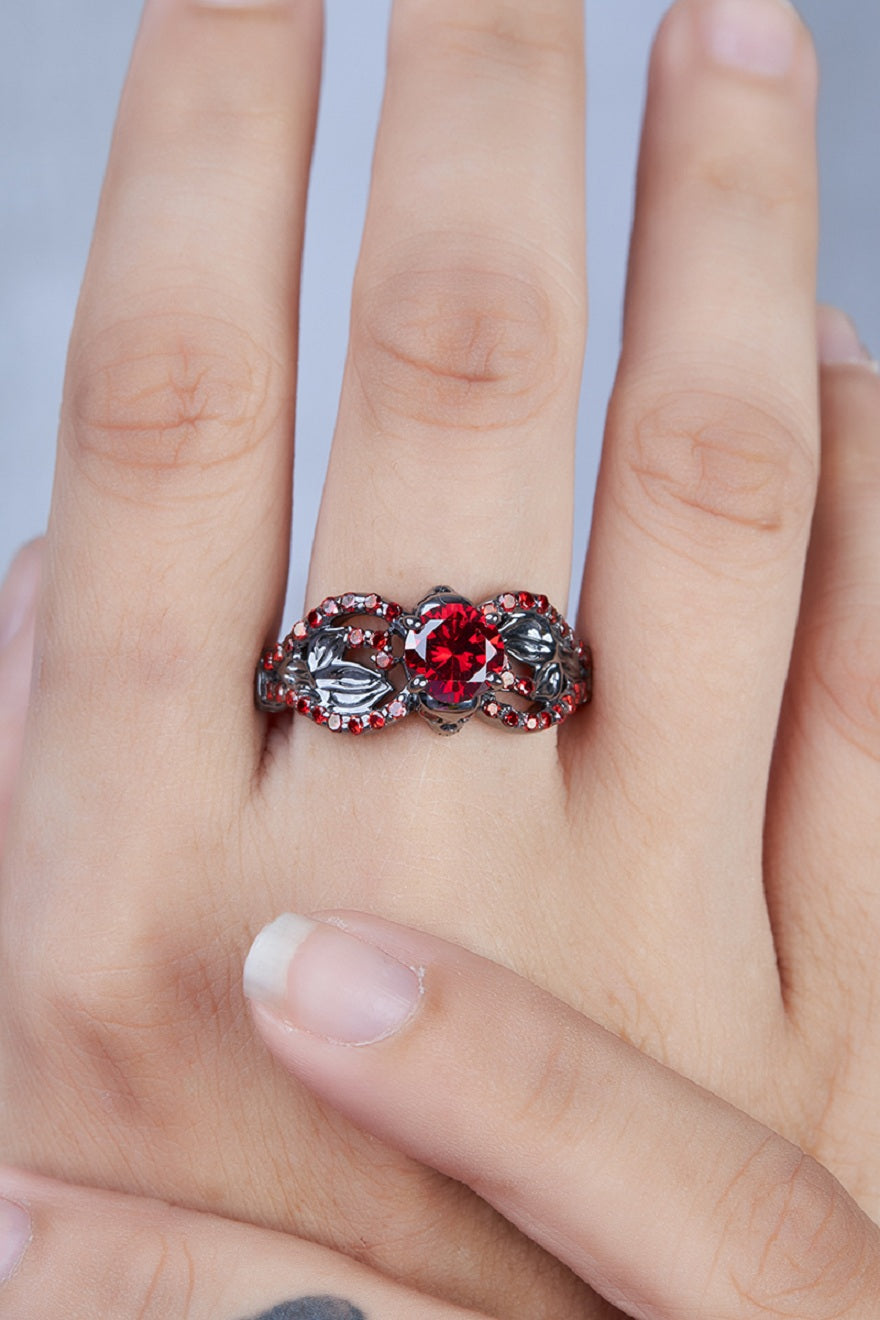 Leaf Skull Engagement Ring Red Garnet Gothic Skull Ring Silver