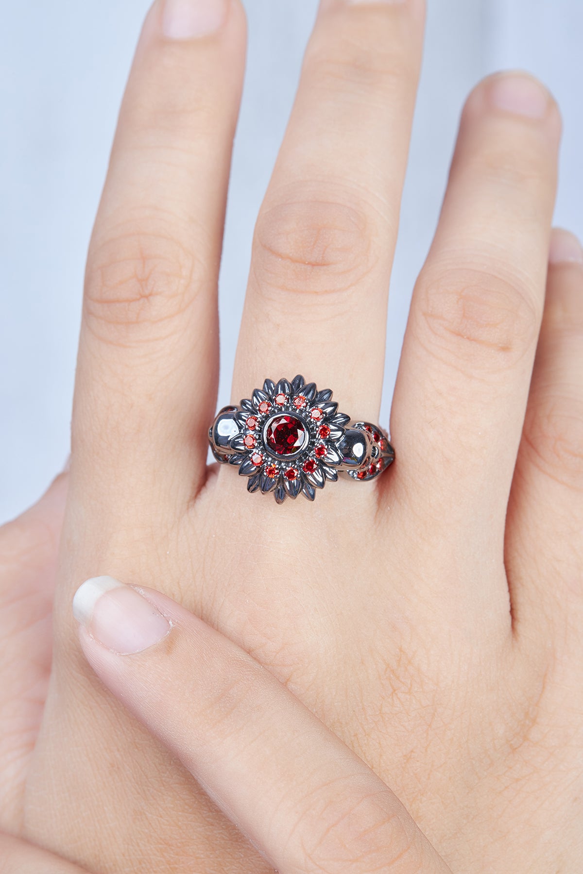 Skull Flower Engagement Ring Gothic Skull Ring Silver Gun Metal