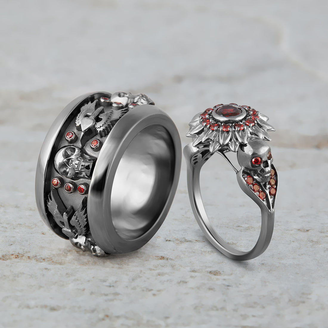 Flower Skull Wedding Ring Set