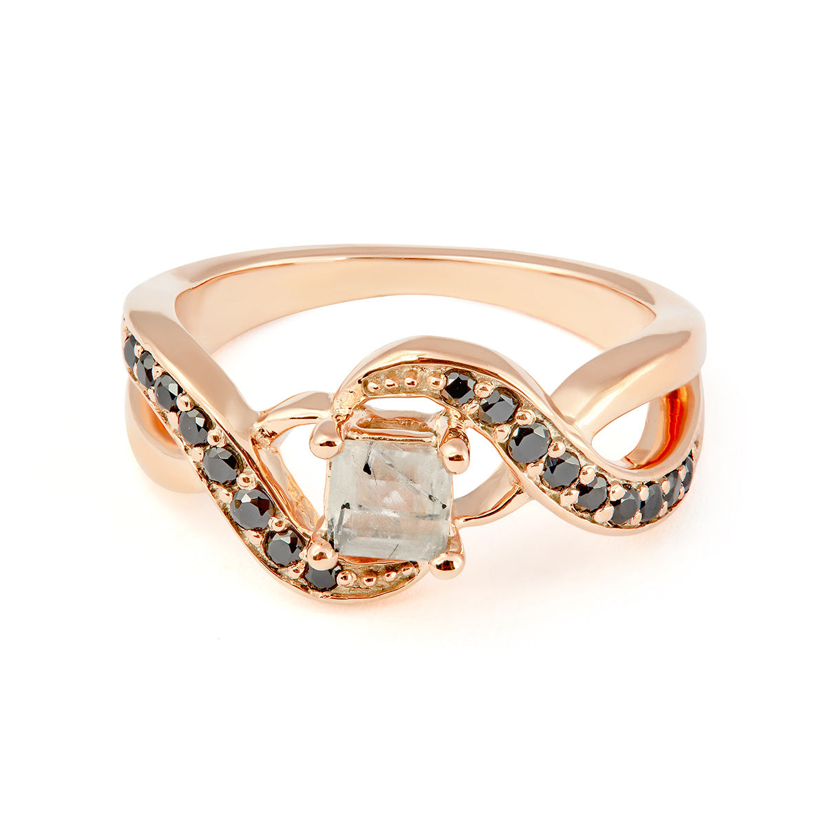 Rose gold bypass ring with a square-cut  rutilated quartz center stone and swirling bands accented by pavé black diamonds.