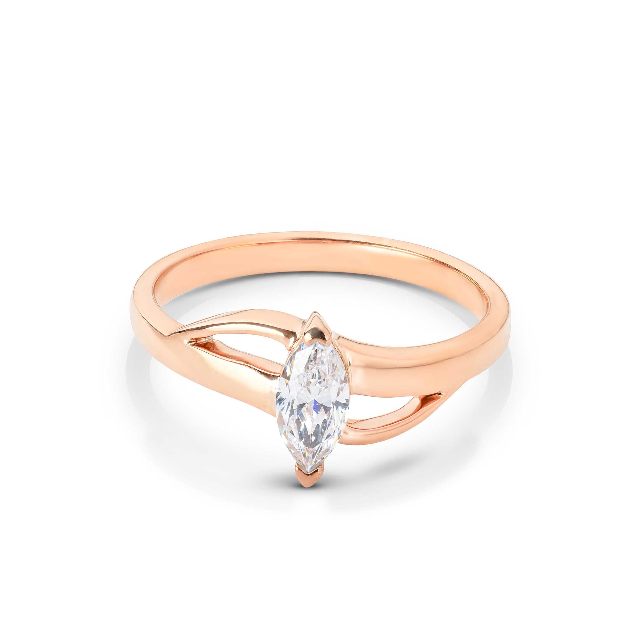 Marquise-cut diamond solitaire ring with a polished rose gold bypass-style band.
