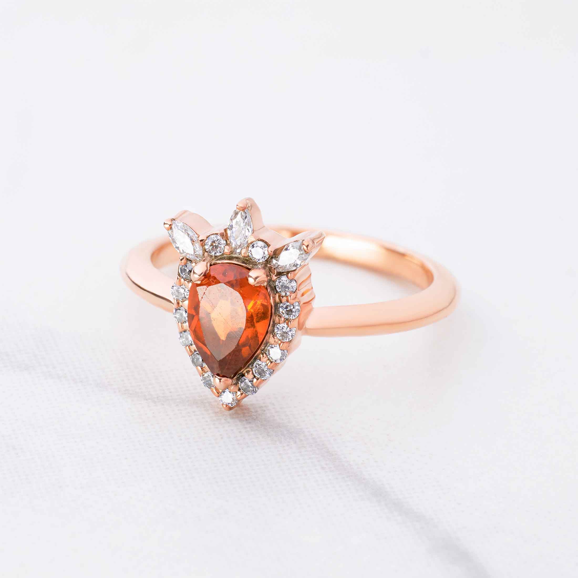 Pear Cut Natural Hessonite Garnet Gomed Ring Teardrop Gemstone Engagement Rings Rose Gold