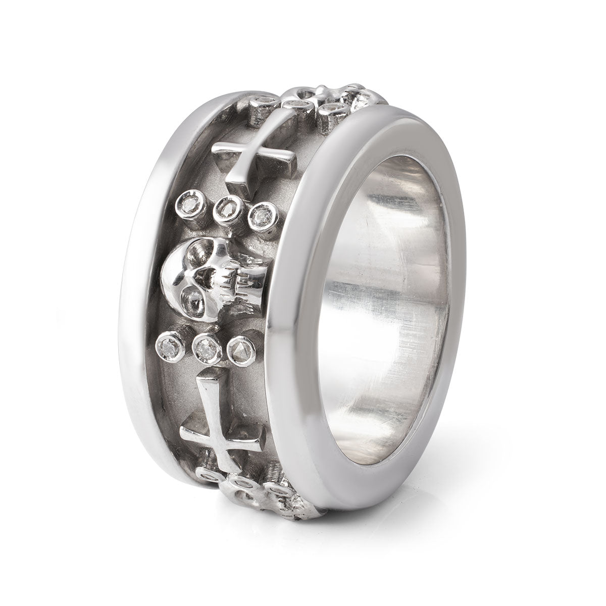 Mens Gothic Wedding BAnd with Skull and Holy Cross Motifs, Crafted in Sterling Silver