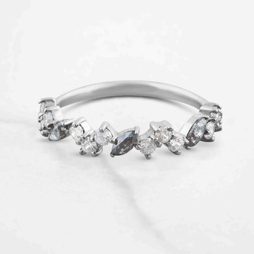 Natural Salt and Pepper Diamond Wedding Band Grey Galaxy Diamond Anniversary Band White Gold Eternity Promise Ring Marquise Round Cut Moissanite