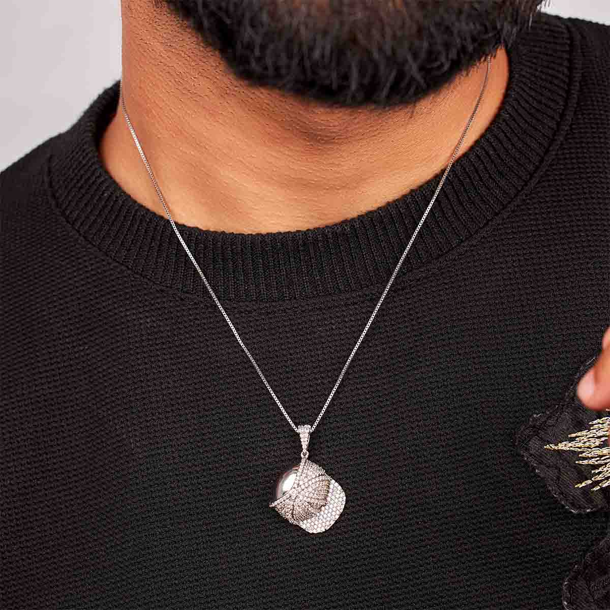 Iced Out Baseball Cap Pendant Necklace Sterling Silver Sports Hip Hop Jewelry