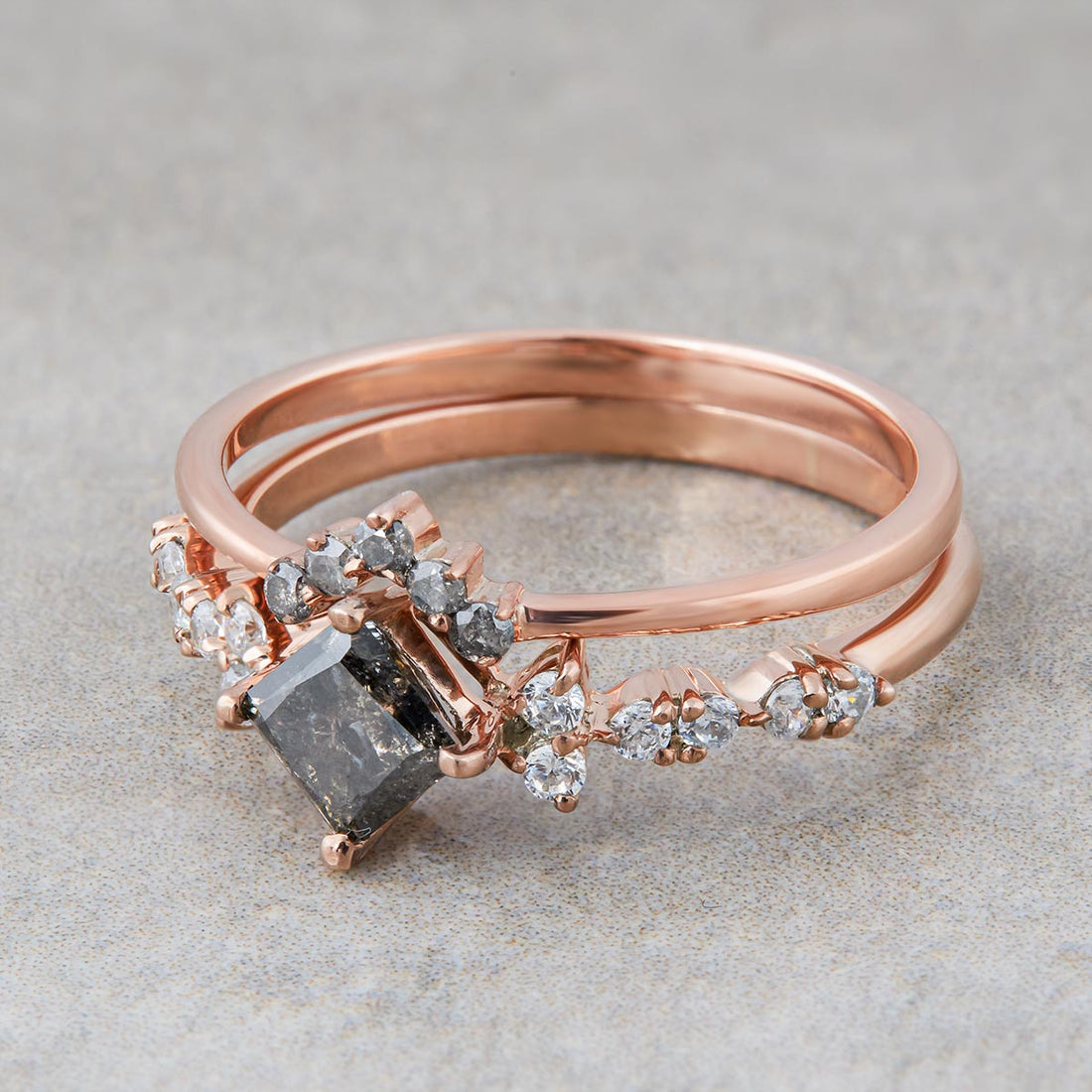 Princess Salt and Pepper Diamond Ring Set