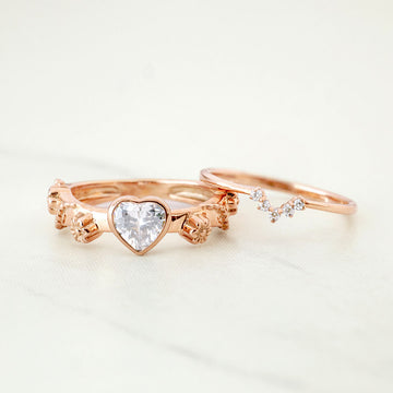 Heart Diamond Bridal Ring Set Floral Solitaire Engagement Rings