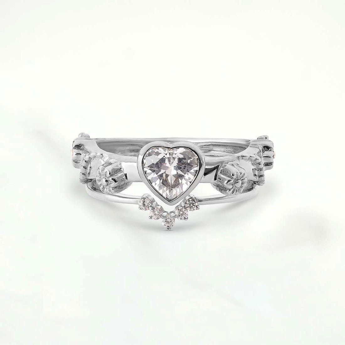 Heart Diamond Bridal Ring Set Floral Solitaire Engagement Rings