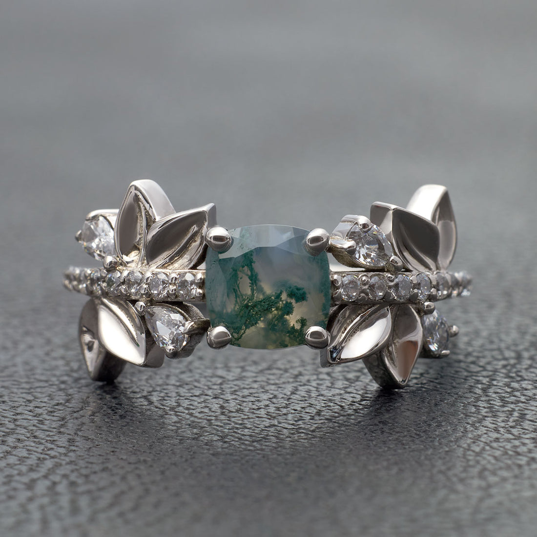 Cushion Cut Moss Agate Engagement Ring