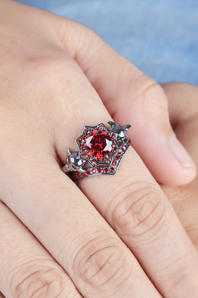 Vampire Skull Ring Set Red Garnet Gothic Skull Engagement Ring