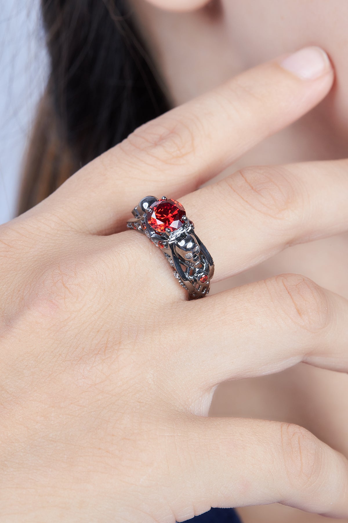 Garnet Vampire Skull Engagement Ring Mesh Skull Gothic Ring